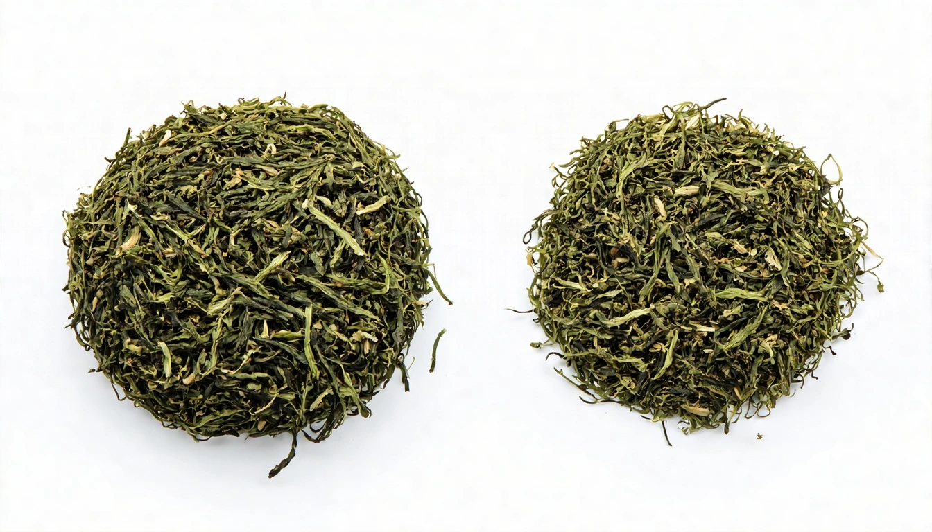 阿里山高山烏龍茶葉的近景特寫：緊實球狀捲曲的墨綠茶葉帶有白毫，旁邊是沖泡後展開的茶葉，展現高山茶葉的質感和色澤