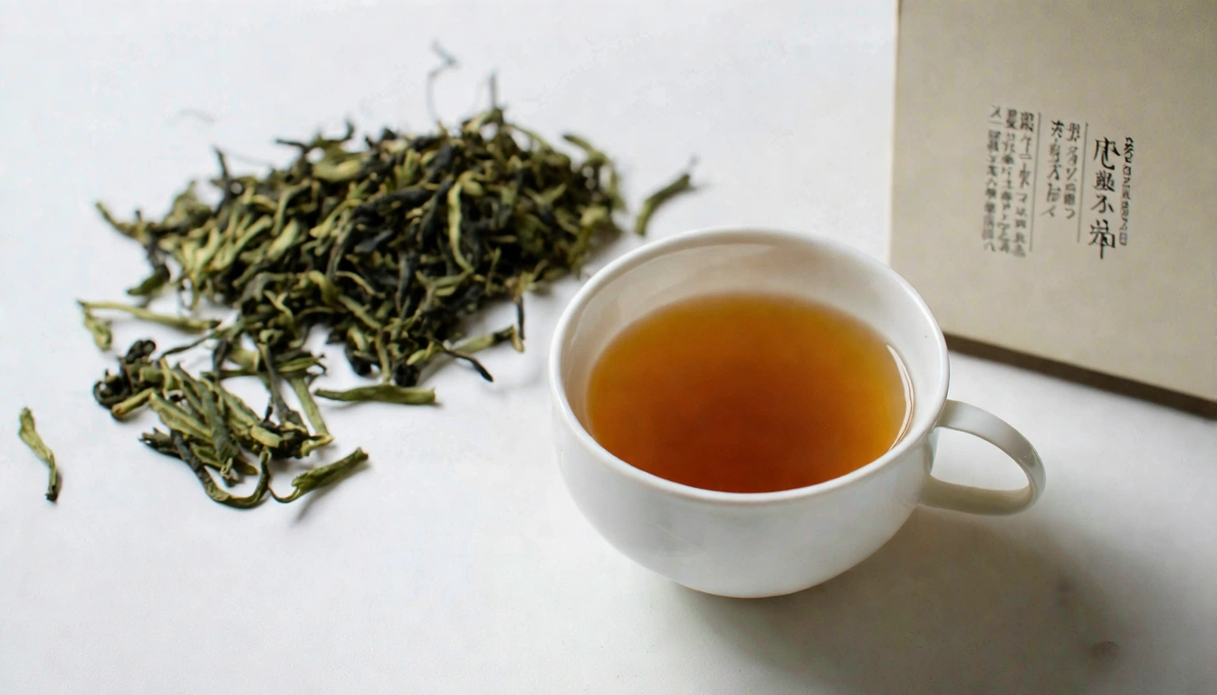 阿里山高山烏龍茶的品飲場景：白瓷茶杯中盛著金黃清透的阿里山清香烏龍茶湯，旁邊是墨綠色緊實茶葉和精美茶包裝盒，自然光線從右側照入，展現阿里山茶的高山質感