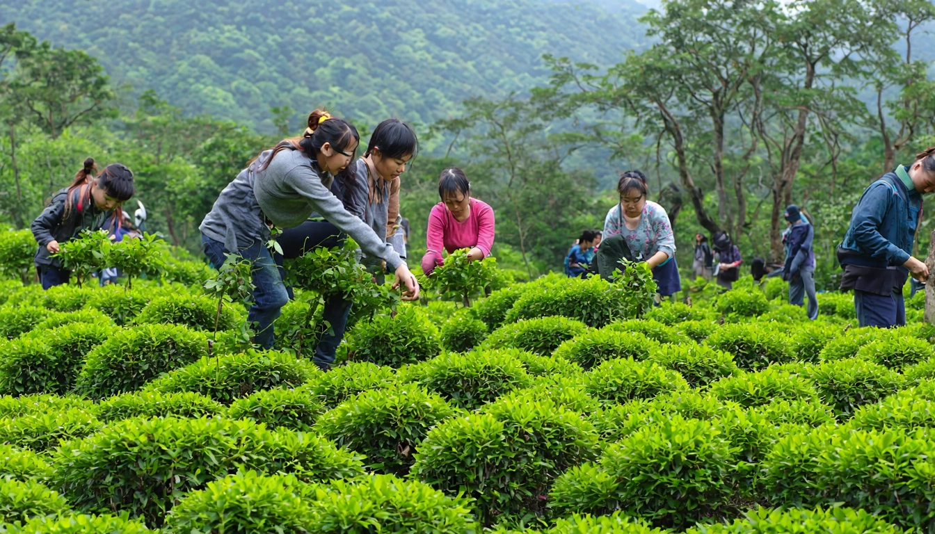 阿里山茶旅情境，遊客在茶園中體驗採茶，背景是阿里山的山林和雲霧