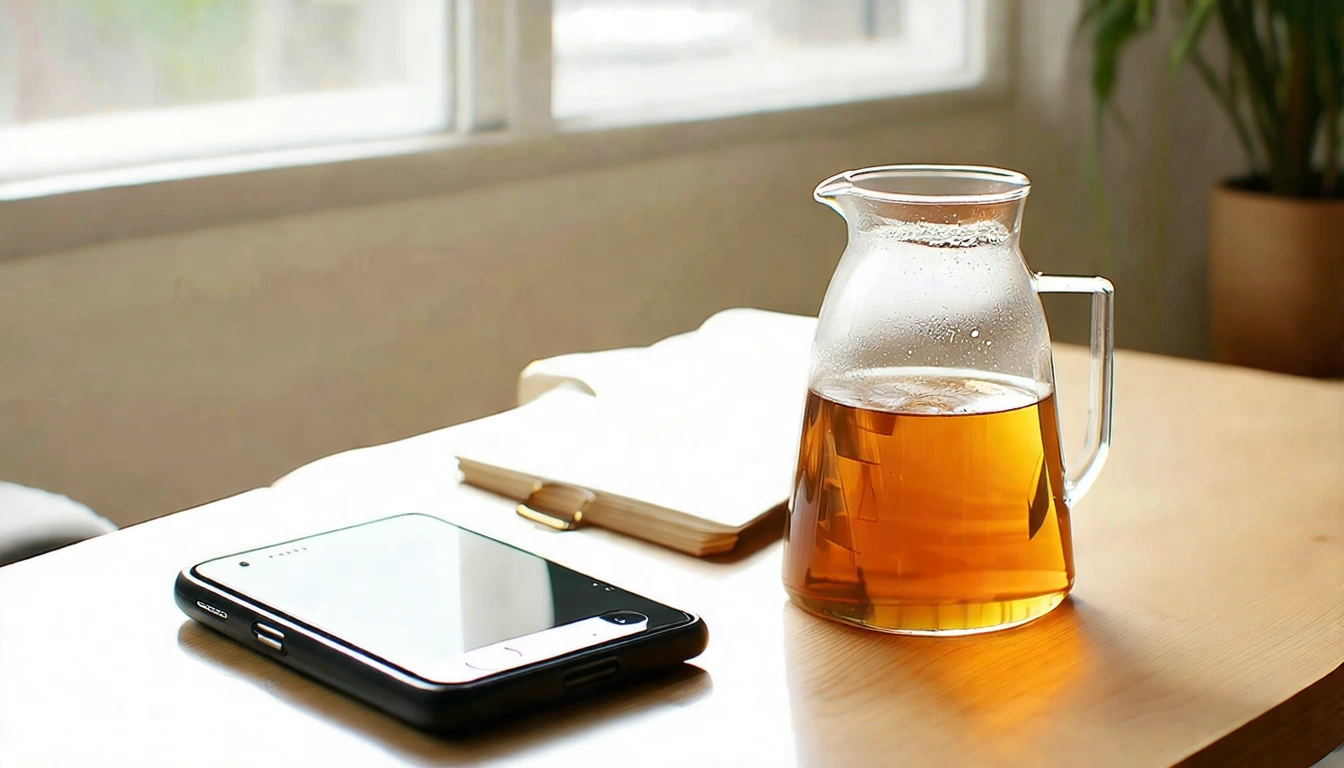 年輕人喝台灣茶的生活情境，冷泡茶在玻璃壺中展示美麗的茶湯顏色，搭配現代簡約的桌面擺設