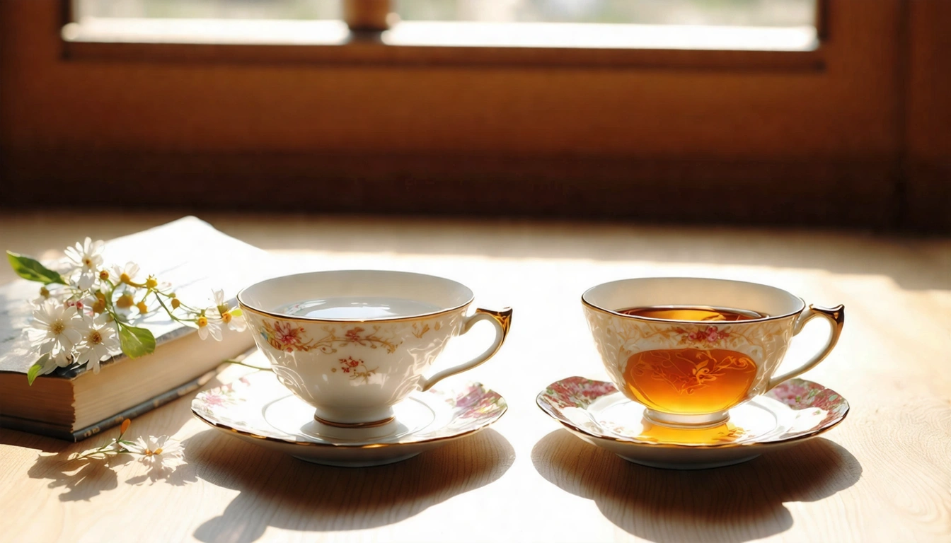 女生喝台灣茶生活情境，一杯金萱奶香烏龍和一杯東方美人茶並排，旁邊有書和花朵裝飾，溫暖柔和的光線，精緻的生活感