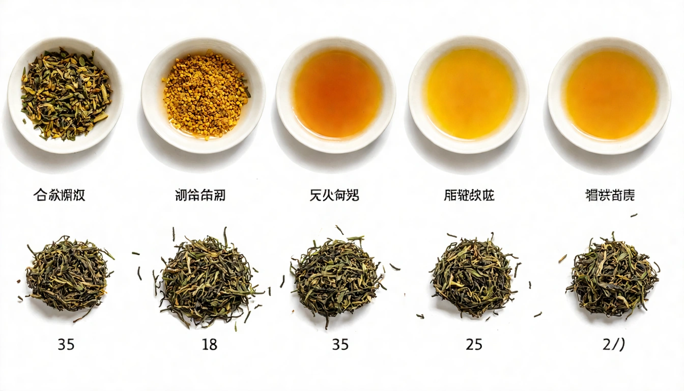Five Taiwan oolong varieties displayed in order of ranking, from Alishan to Four Seasons Spring, with clear labels and golden tea liquors