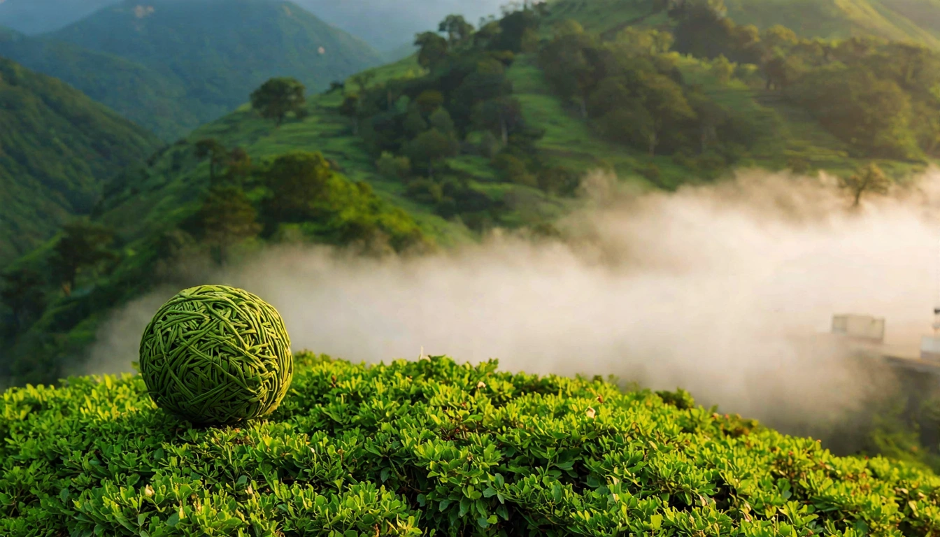 Alishan tea garden misty morning showing terraced tea plants on mountain slopes with altitude indicators, morning fog rolling through, close-up of tightly rolled Alishan oolong balls in hand