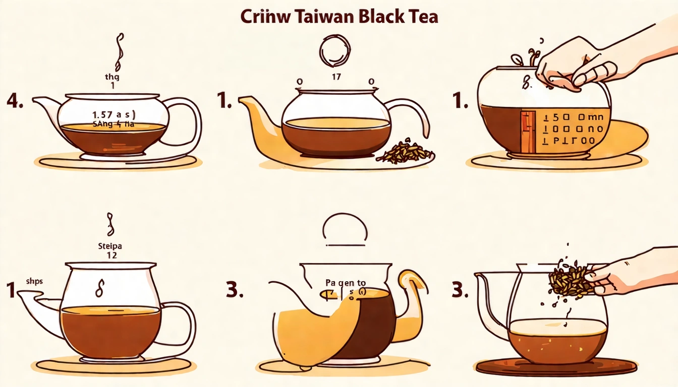 熱泡台灣紅茶7步驟示意圖，展示備具、量茶、燒水、入茶、注水、計時、出湯的完整流程