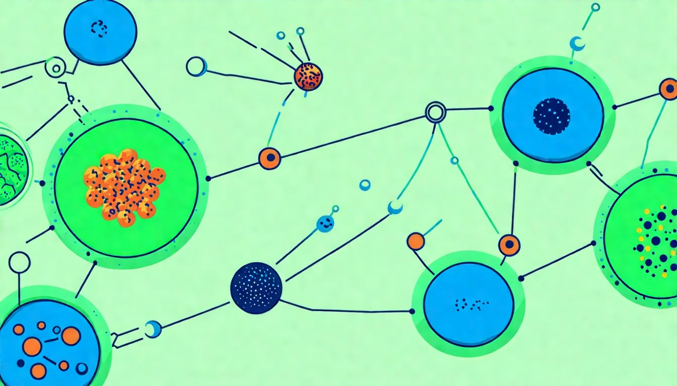 腸道健康示意圖，展示紅茶多酚與腸道微生物菌群的互動關係，用彩色圓形圖示表示不同菌種