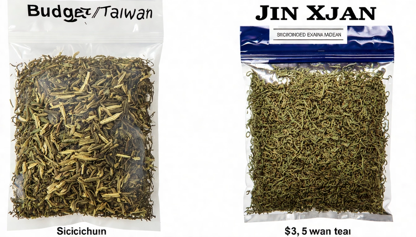 平價台灣茶款比較表，展示四季春、金萱茶包與散茶的外觀，以及折算的每泡成本對比