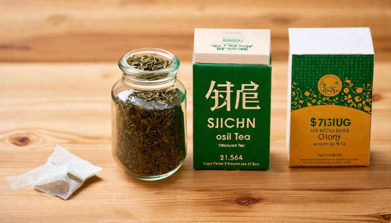 散茶與茶包的並排比較，左側為裝在玻璃罐中的四季春散茶葉，右側為同款茶包裝，木質桌面背景，清晰標示每杯成本差異