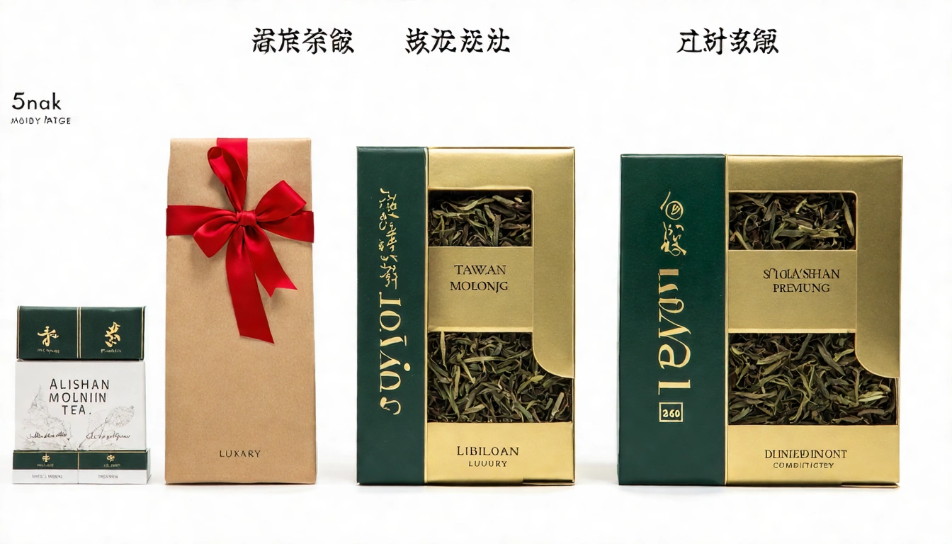 四款不同預算的台灣茶聖誕禮物並排，左到右從茶包小禮袋（200-300元）到梨山典藏禮盒（1000元+），每款旁邊標示預算和聖誕緞帶裝飾，白色桌面，聖誕節送禮展示圖