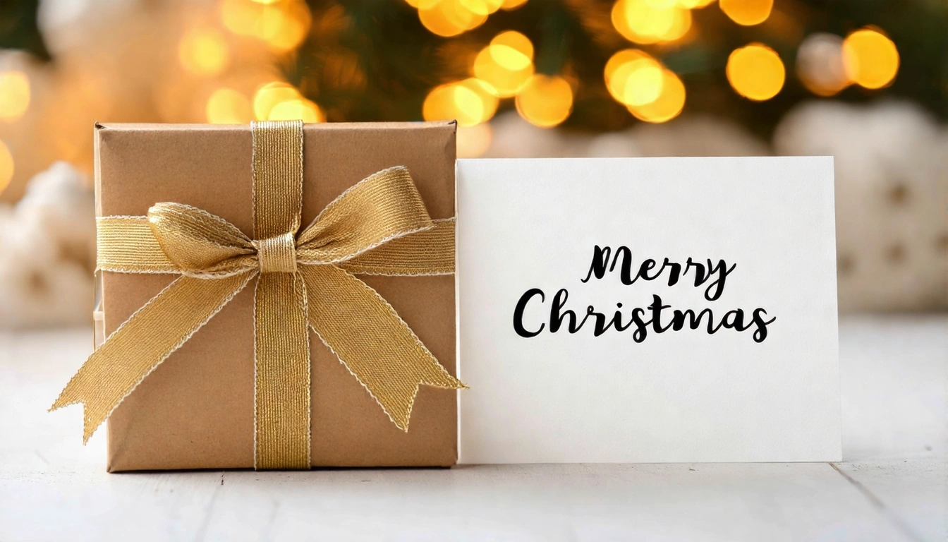 手寫聖誕卡旁邊一盒台灣茶禮盒，卡片上寫著「Merry Christmas」，禮盒打上金色緞帶蝴蝶結，暖色聖誕燈串背景，溫馨聖誕氛圍