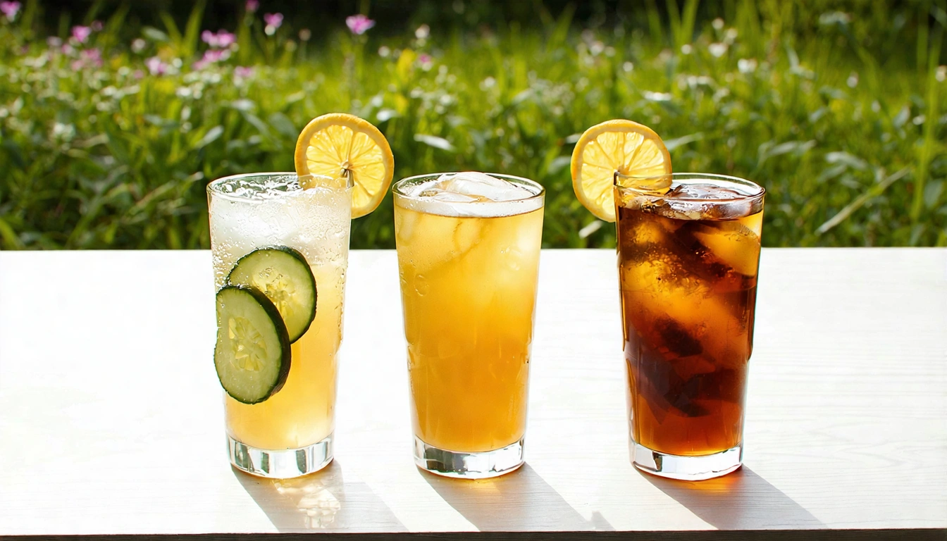 Three creative cold brew Taiwan tea recipes displayed, Taiwan Tea Spritzer with oolong and sparkling water, Citrus cold brew with lemon slices, and milk tea upgrade with deep amber black tea and milk, summer recipe lifestyle photography