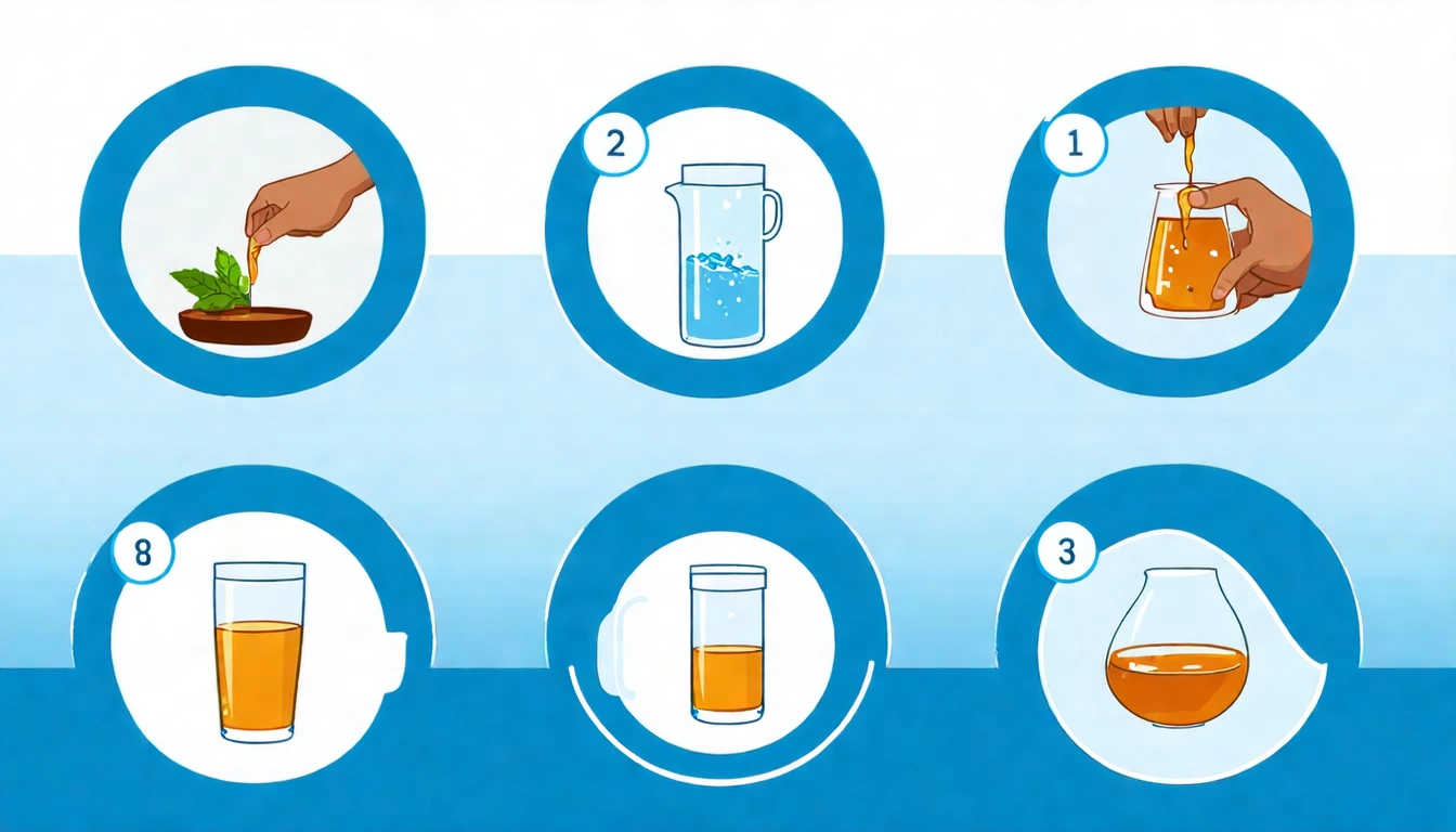 6步驟流程圖,從選容器→加水→放茶包→密封→冰箱靜置→取出享用,清爽圖示風格,每個步驟配上玻璃壺、冰箱等實物插圖