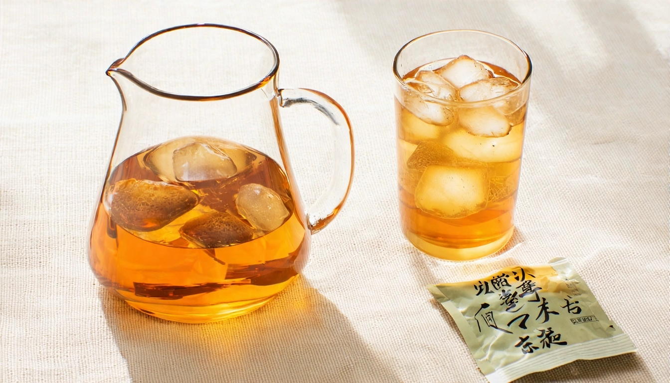 夏日生活風格圖,透明玻璃壺盛著金黃色冷泡烏龍茶,旁邊放著一包茶研所金萱茶包,桌上有一杯裝了冰塊的茶飲,背景是輕薄的棉麻桌巾,夏日感光線