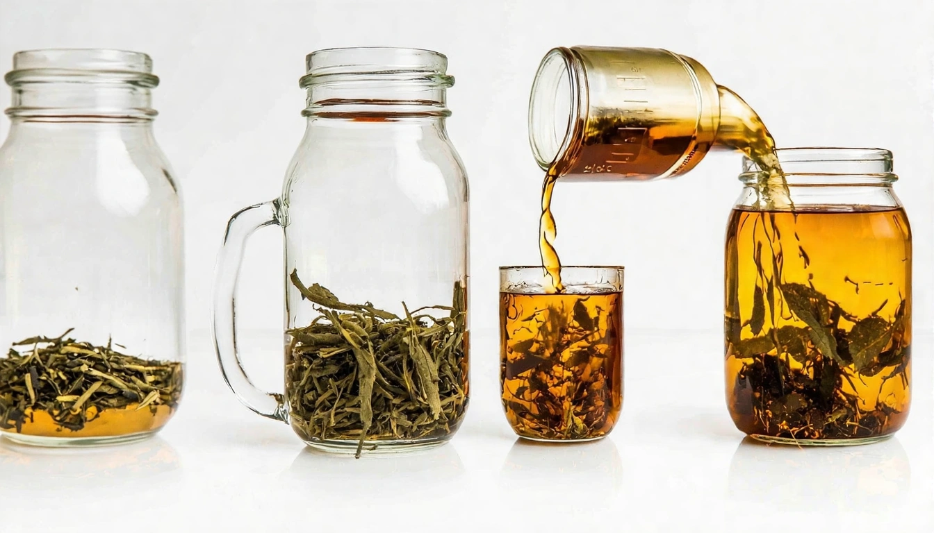 冷泡茶製作步驟圖，展示量茶葉、加入玻璃瓶、倒水、封蓋放冰箱的完整流程，乾淨的廚房操作台背景