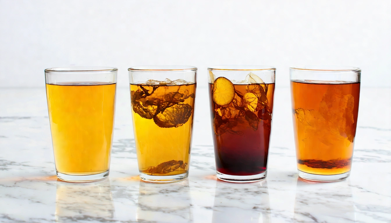 四款台灣茶冷泡茶湯顏色對比，由左至右：四季春（淡黃透明）、阿里山烏龍（金黃清透）、東方美人（琥珀橙黃）、台灣紅茶（深琥珀），四個玻璃杯排列在白色大理石台面上