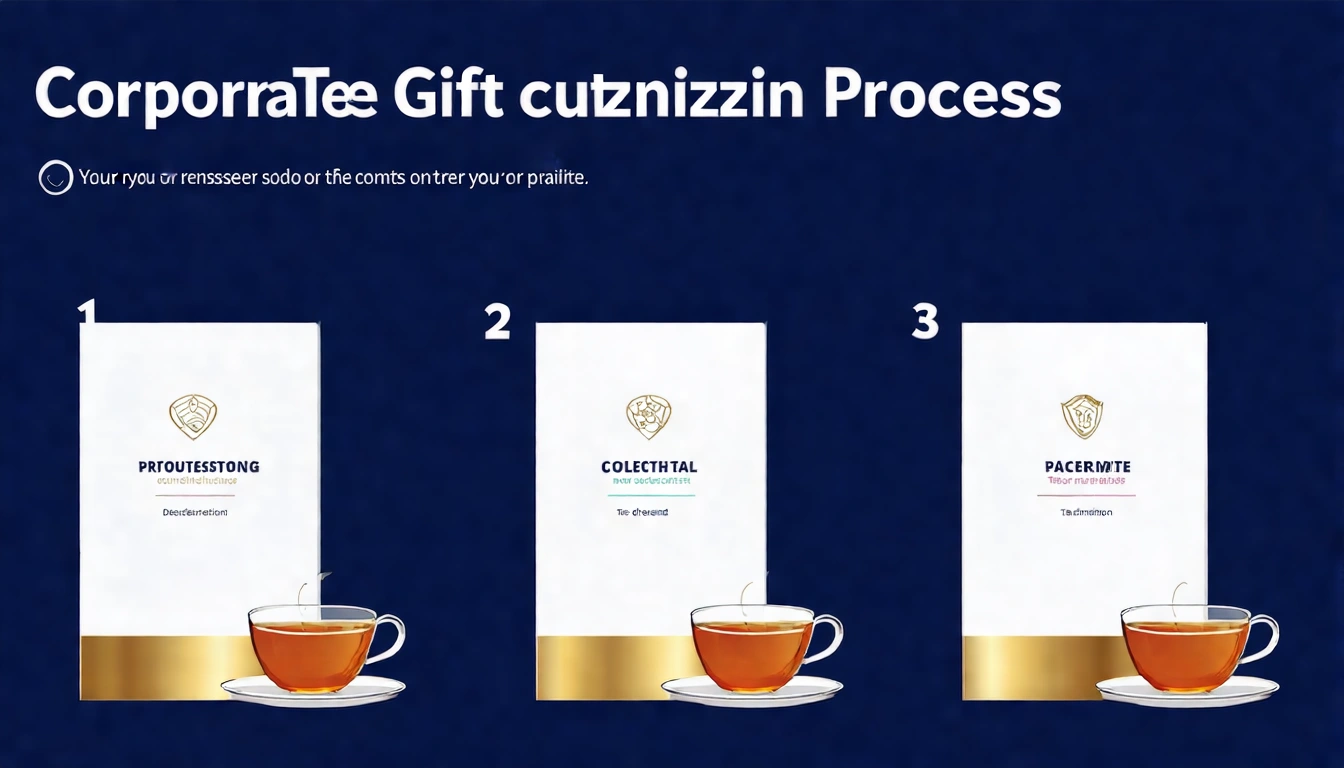 企業客製化茶葉禮盒流程示意圖，展示從選茶、設計包裝、印製Logo到交貨的四個步驟