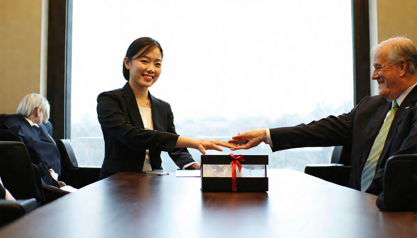 商務人士在會議室桌上遞出台灣茶禮盒，對方微笑接受，專業商務氛圍