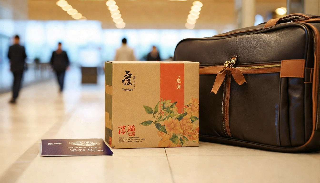 Taiwan tea gift box as a souvenir placed beside a travel bag, with passport and boarding pass visible, blurred airport departure hall in background
