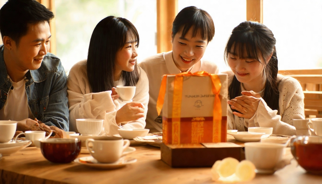 Family gathering tea scene, opened Taiwan tea gift box on the table, everyone holding tea cups, warm amber indoor lighting, conveying the warmth of festival tea gifting
