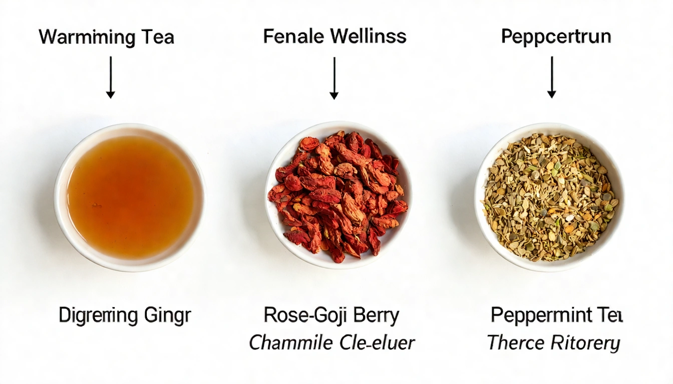 Visual guide of wellness teas by purpose — warming (ginger tea), women's wellness (rose-goji), digestive (chamomile), each in labeled sections