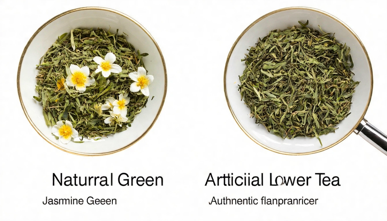 Natural vs artificial flower tea comparison — left shows naturally scented tea leaves with dried flower petals, right shows inferior artificial flavored tea bags with uniform appearance