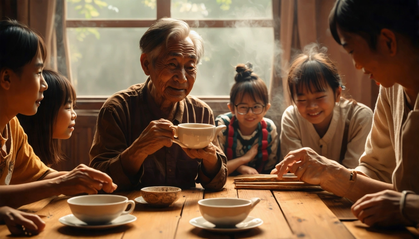 Warm family scene around a table drinking Taiwan tea, elder holding tea cup, family members smiling, showing the family connection tea brings