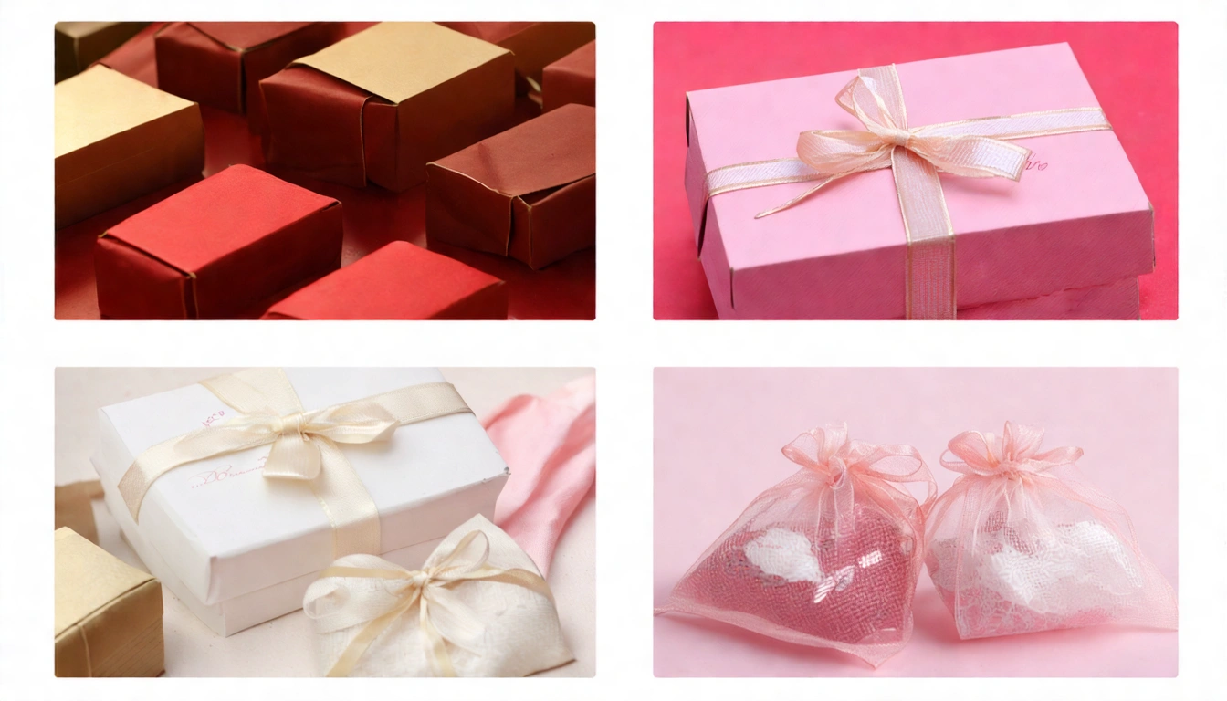 Four-panel occasion guide — top left for elders (warm red-brown tones), top right for friends (bright and cheerful), bottom left corporate (professional premium box), bottom right wedding favors (festive pink-white)