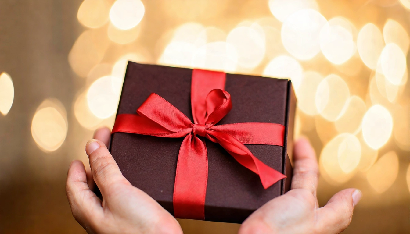 Close-up of two hands holding an elegant tea bag gift box with ribbon, beautifully wrapped, warm bokeh background