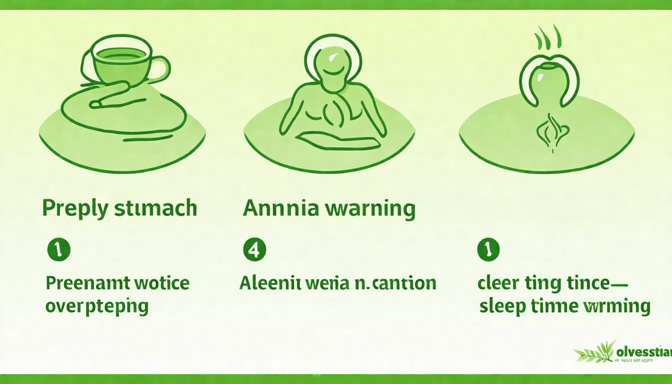 Green tea drinking precautions infographic with clear icons for five warning points — empty stomach, pregnancy limits, anemia caution, sleep time, over-steeping