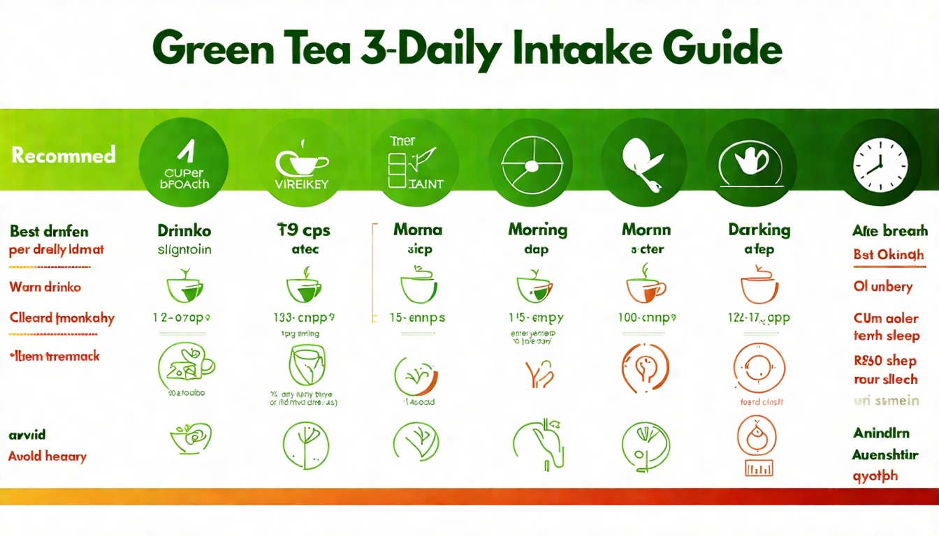 Green tea daily intake guide infographic showing recommended 3–5 cups with optimal timing (after breakfast, morning, early afternoon) and times to avoid (empty stomach, near bedtime)