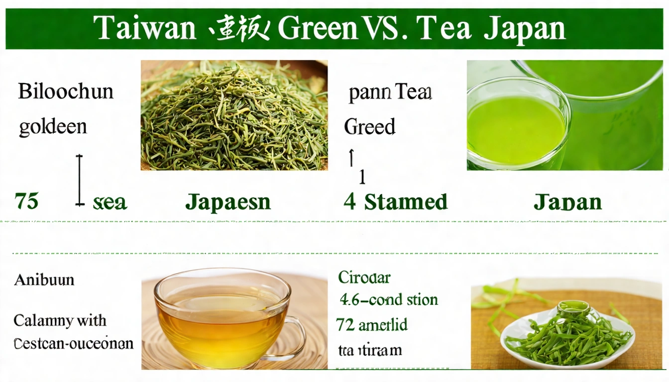 Taiwan vs Japan green tea comparison — left showing Taiwan Bi Luo Chun (pan-fired, golden liquor), right showing Japanese green tea (steamed, bright green liquor)