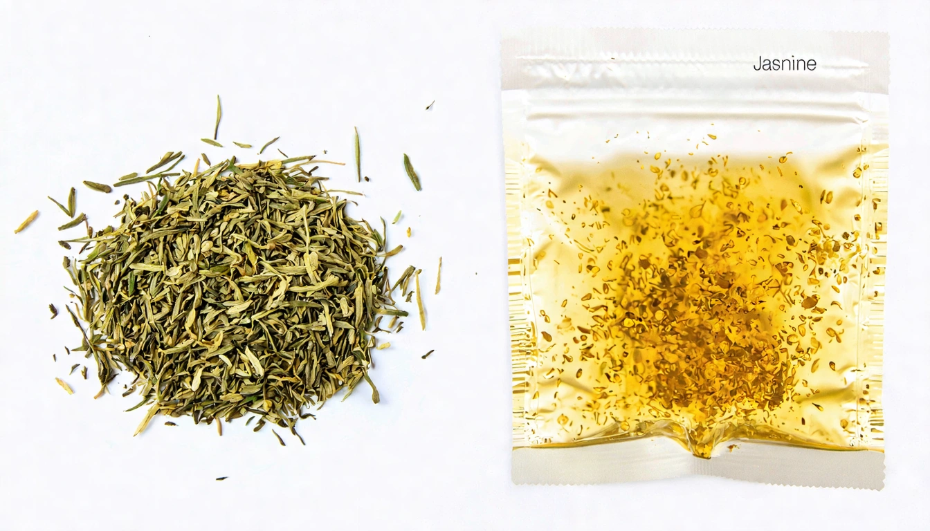 Jasmine tea quality comparison — left showing premium naturally scented jasmine green tea leaves with occasional dried petals, right showing artificial flavored tea bag with crushed fragments