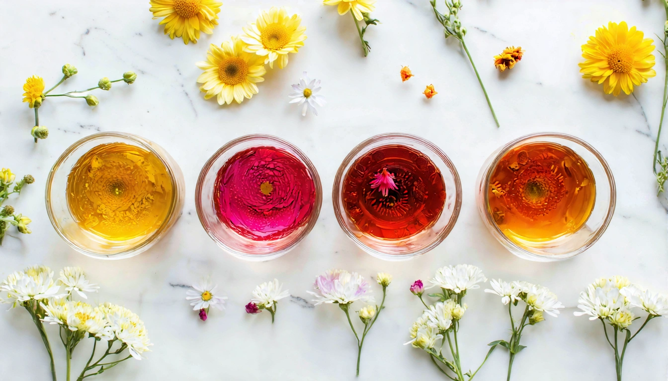 Top-down flat lay of four herbal teas — chrysanthemum (golden), rose (pink), roselle (deep red), osmanthus (light amber) in clear glass cups, with fresh flower decorations