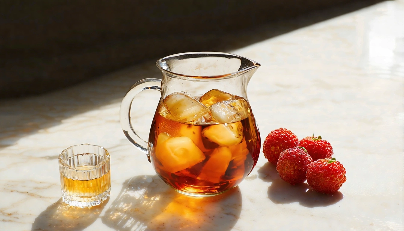 Beautiful cold brew Guifei Oolong display — glass pitcher with crystal-clear amber-orange cold brew, ice cubes, fresh lychee garnish