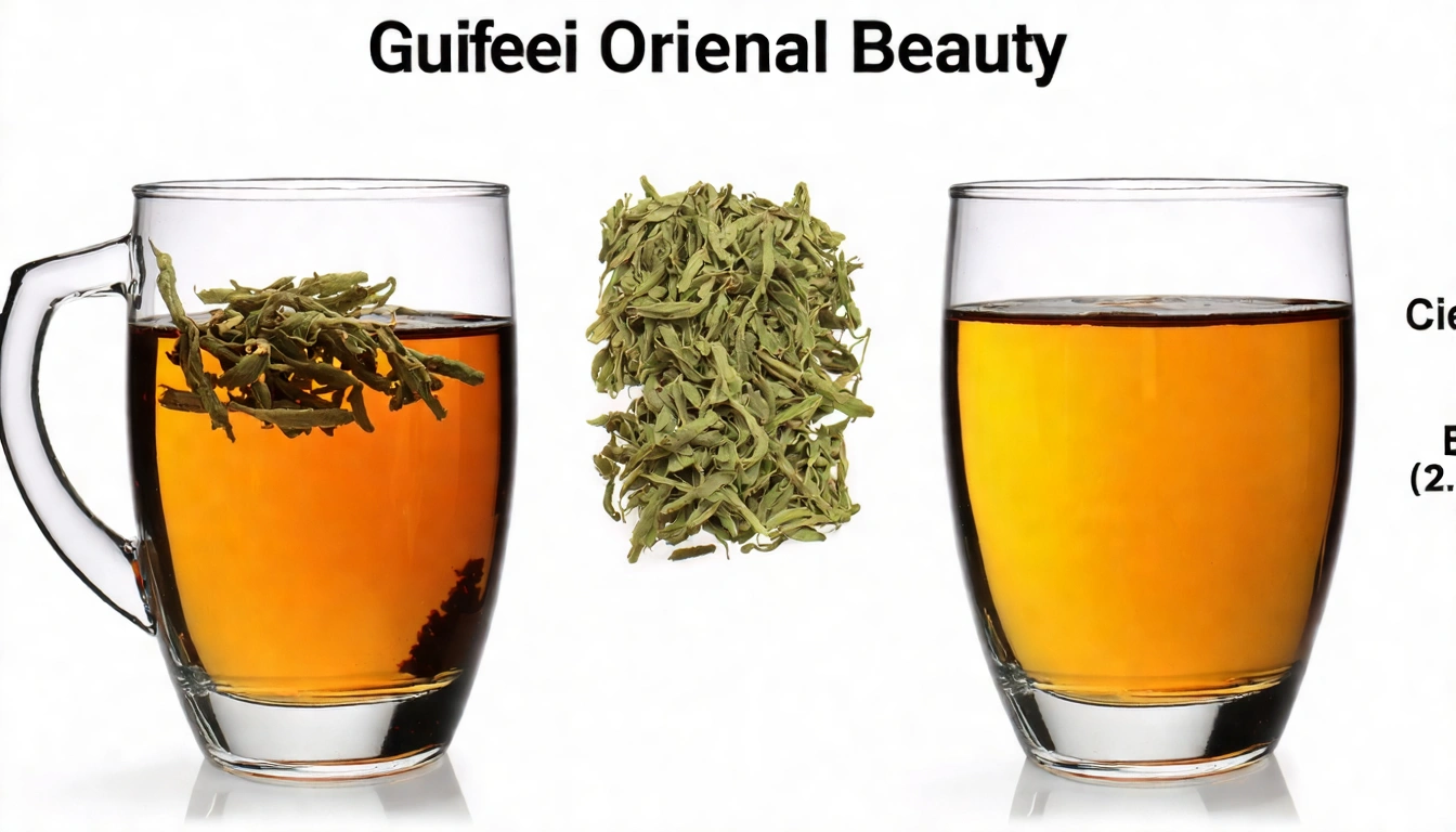 Side-by-side comparison of Guifei Oolong (left, orange-gold honey liquor) and Oriental Beauty (right, deep gold amber liquor), showing different fermentation levels and liquor color differences
