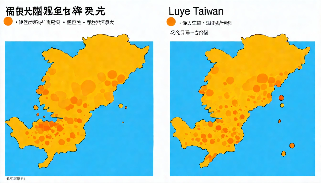 Taiwan map highlighting two honey black tea regions — Ruisui, Hualien (north) and Luye, Taitung (south), with characteristic labels