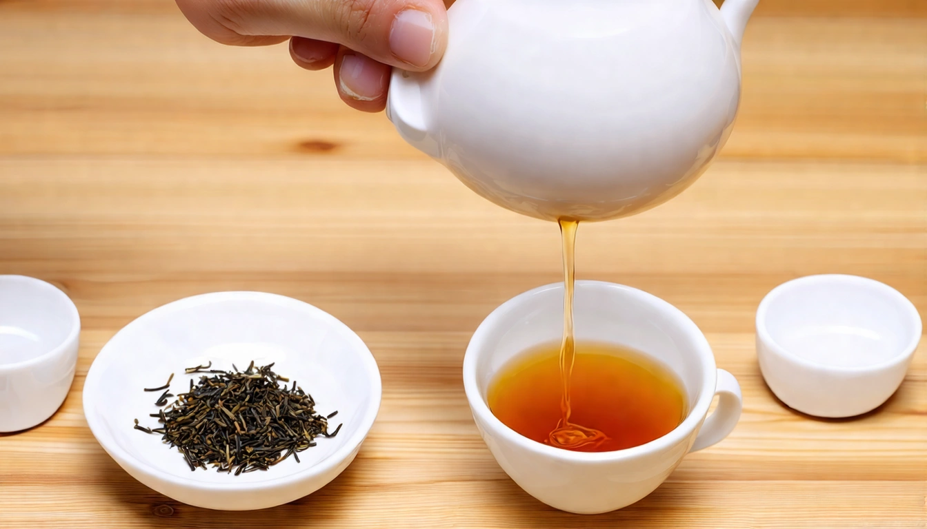 Honey black tea brewing step-by-step, showing tea leaves, hot water pour, and finished orange liquor