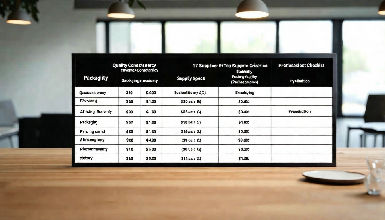 Tea supplier evaluation criteria checklist showing five scoring criteria: quality consistency, supply stability, packaging specs, pricing transparency, after-sales support