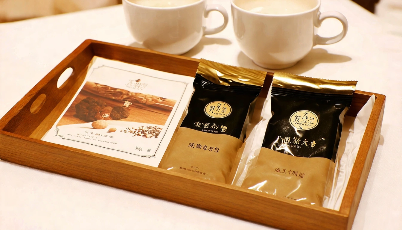 Hotel guestroom tea bag display — elegant wooden tray with two types of Taiwan high mountain oolong tea bags and a brewing guide card, beside standard white hotel cups
