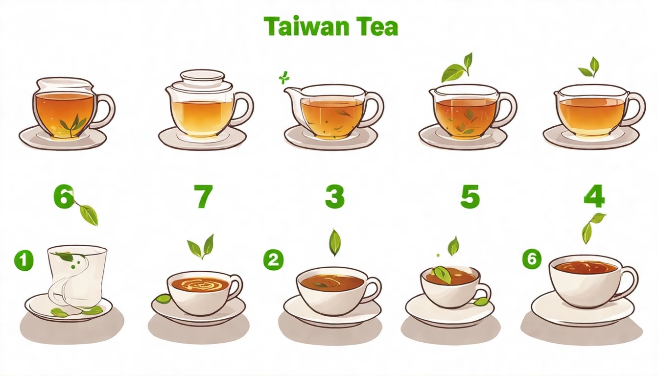 台灣茶熱泡步驟示意圖，展示從溫壺、投茶、注水到出湯的完整流程，乾淨的白色背景，教學風格