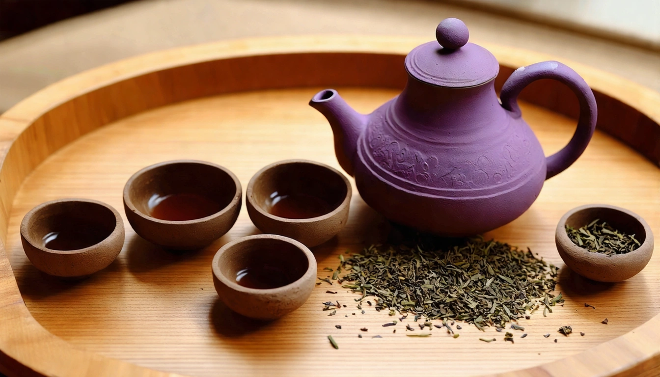 功夫茶完整茶具組合，紫砂壺或蓋碗、茶海、品茗杯、茶盤排列，傳統茶道風格，台灣高山烏龍茶葉散落其間