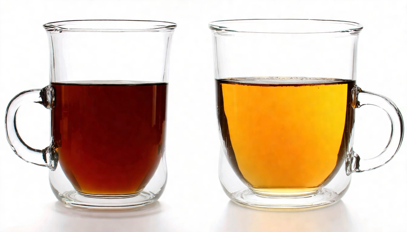 泡茶失敗vs成功的茶湯對比，左側渾濁苦澀的深褐色茶湯（水溫過高/時間過長），右側清透金黃的完美烏龍茶湯，玻璃杯盛裝，白色背景對比