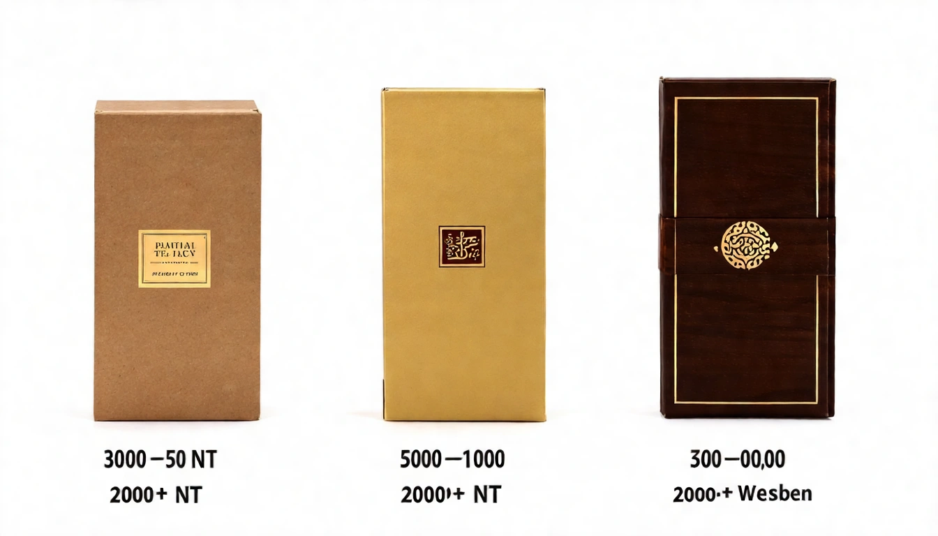 四個價格等級的茶葉禮盒並排展示,從300元的小禮盒到2000元以上的頂級木質禮盒