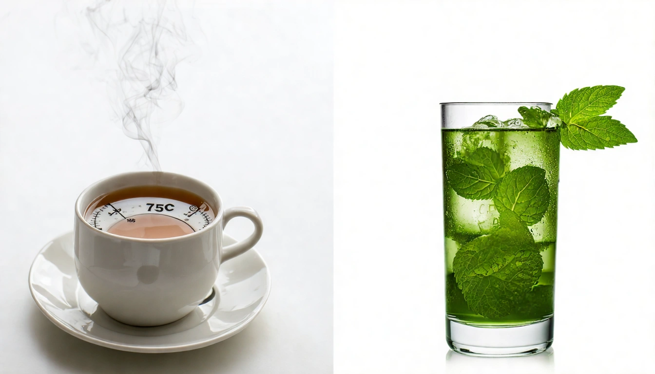 茉莉綠茶冷泡與熱泡的對比場景，左側是熱泡茉莉綠茶（蒸氣裊裊、白瓷杯、75°C）、右側是冷泡茉莉綠茶（透明玻璃瓶、加薄荷葉、夏天冰涼感）