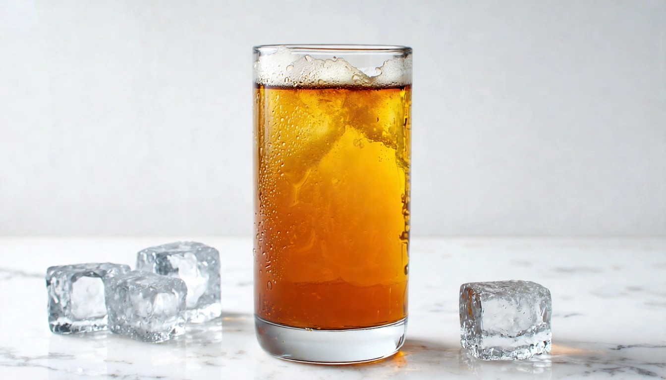 金萱茶冷泡版本,玻璃瓶裝著淡黃色冷泡金萱茶,放在冰塊旁,呈現夏日清爽感