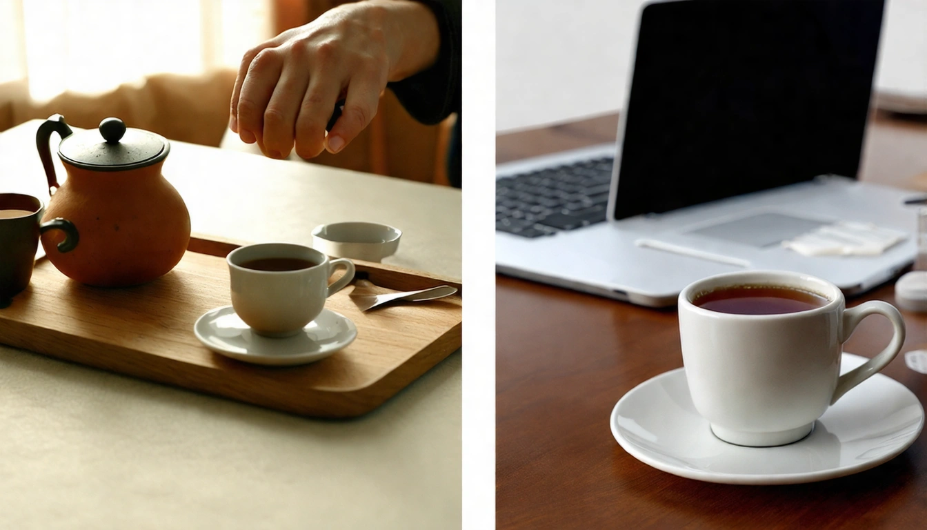 左右各半的生活情境對比:左半部是一個人在家用茶壺泡散茶,木質茶盤、青磁茶杯,安靜品茗氛圍;右半部是辦公室桌上的茶包加馬克杯,電腦邊