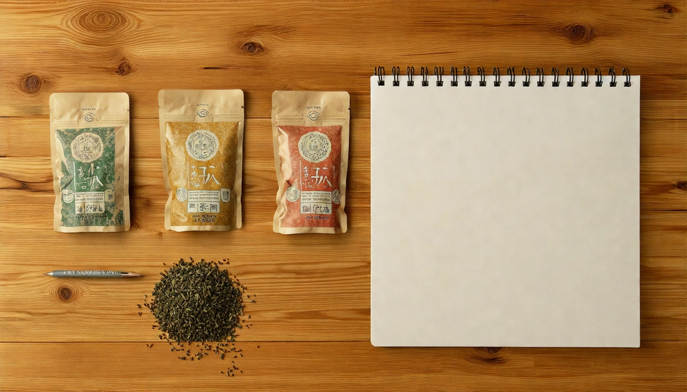 俯視角的台灣茶品探索場景,木質桌上擺著幾款不同的台灣茶包和少量散茶葉,旁邊有一本品茶筆記,一支鉛筆,清晨自然光線