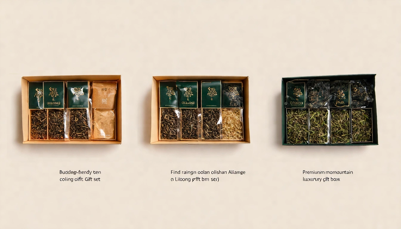 三款不同價位的台灣茶禮盒並排展示,左為平價精緻茶包組、中為中高端高山烏龍禮盒、右為頂級梨山禮盒,每款下方標示適合對象與預算範圍