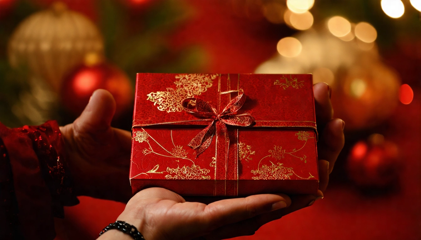 雙手捧著紅色精緻春節茶禮盒的畫面,背景是模糊的春節裝飾,傳遞年節送禮的溫馨感