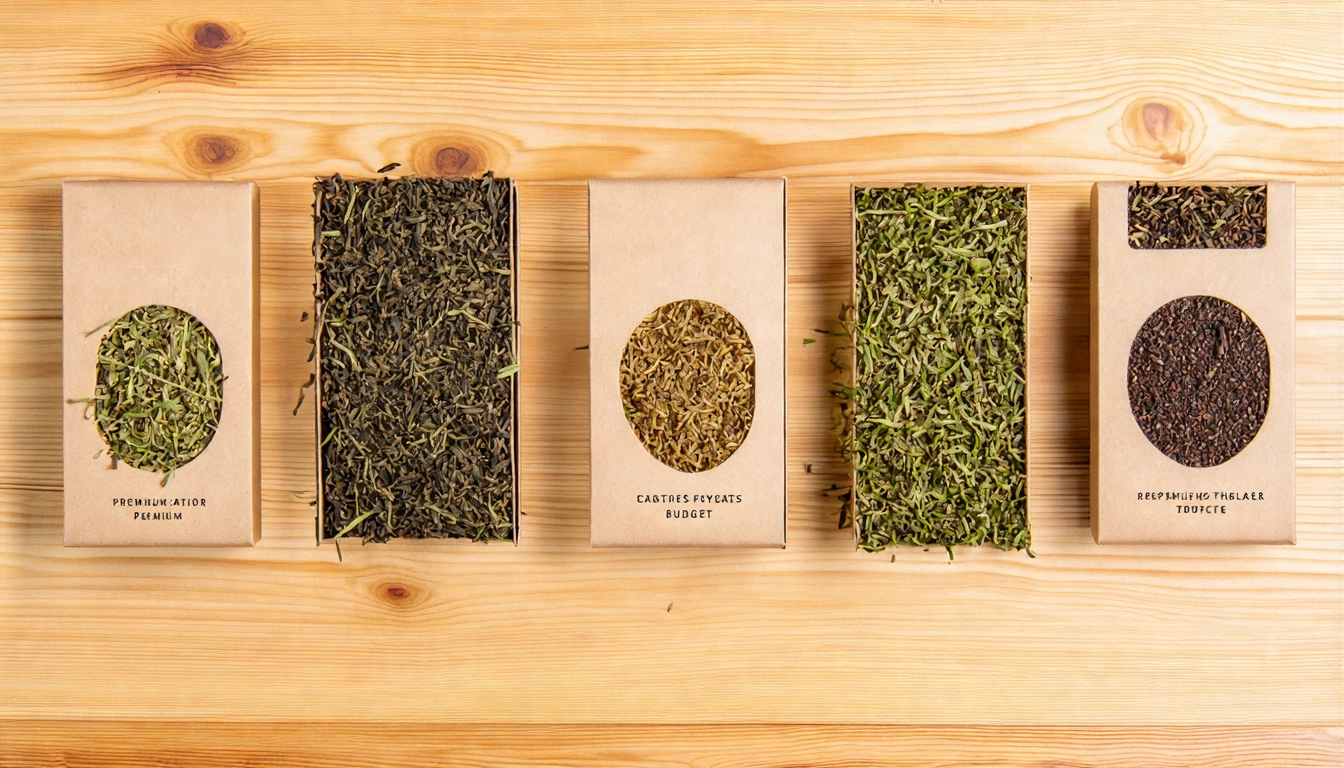 五款中秋台灣茶禮盒俯視排列,從左到右由頂級到平價,標示茶種與適合對象,木質桌面背景,產品說明圖風格