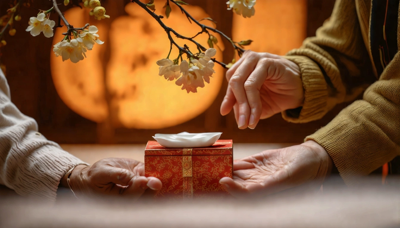 中秋節溫馨送禮場景,雙手遞出精緻茶禮盒給長輩,背景有月亮和桂花裝飾,暖光側拍,情感豐富的中秋送禮氛圍